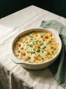 Keto tuna zoodle casserole with green chiles and browned cheddar in a ceramic dish