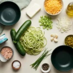 Raw ingredients for keto tuna zoodle casserole arranged with zucchini and green chiles
