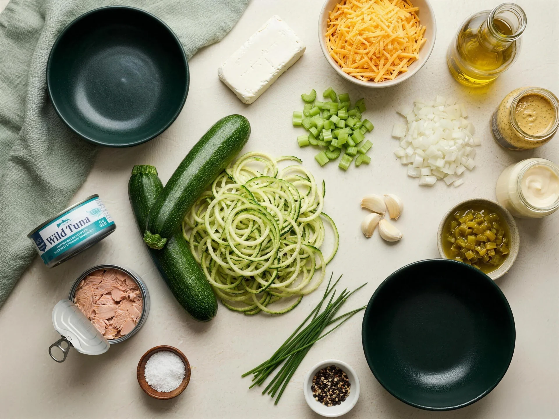 Raw ingredients for keto tuna zoodle casserole arranged with zucchini and green chiles