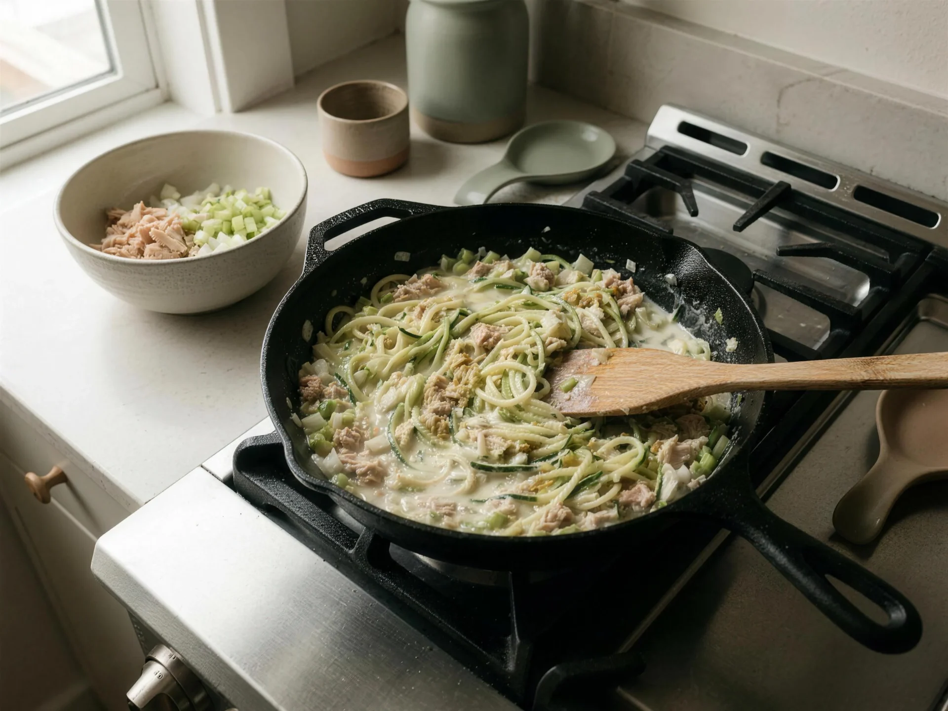 Tuna, green chiles, and zucchini noodles being folded into a creamy skillet sauce