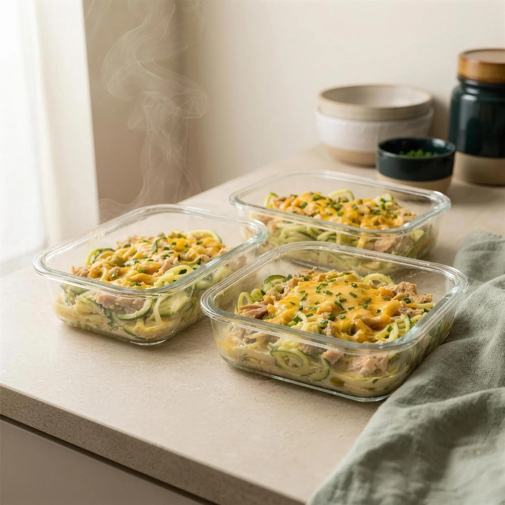 Keto tuna zoodle casserole divided into glass meal prep containers