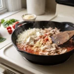 Chicken and cauliflower rice folded with tomato and cream cheese in a skillet