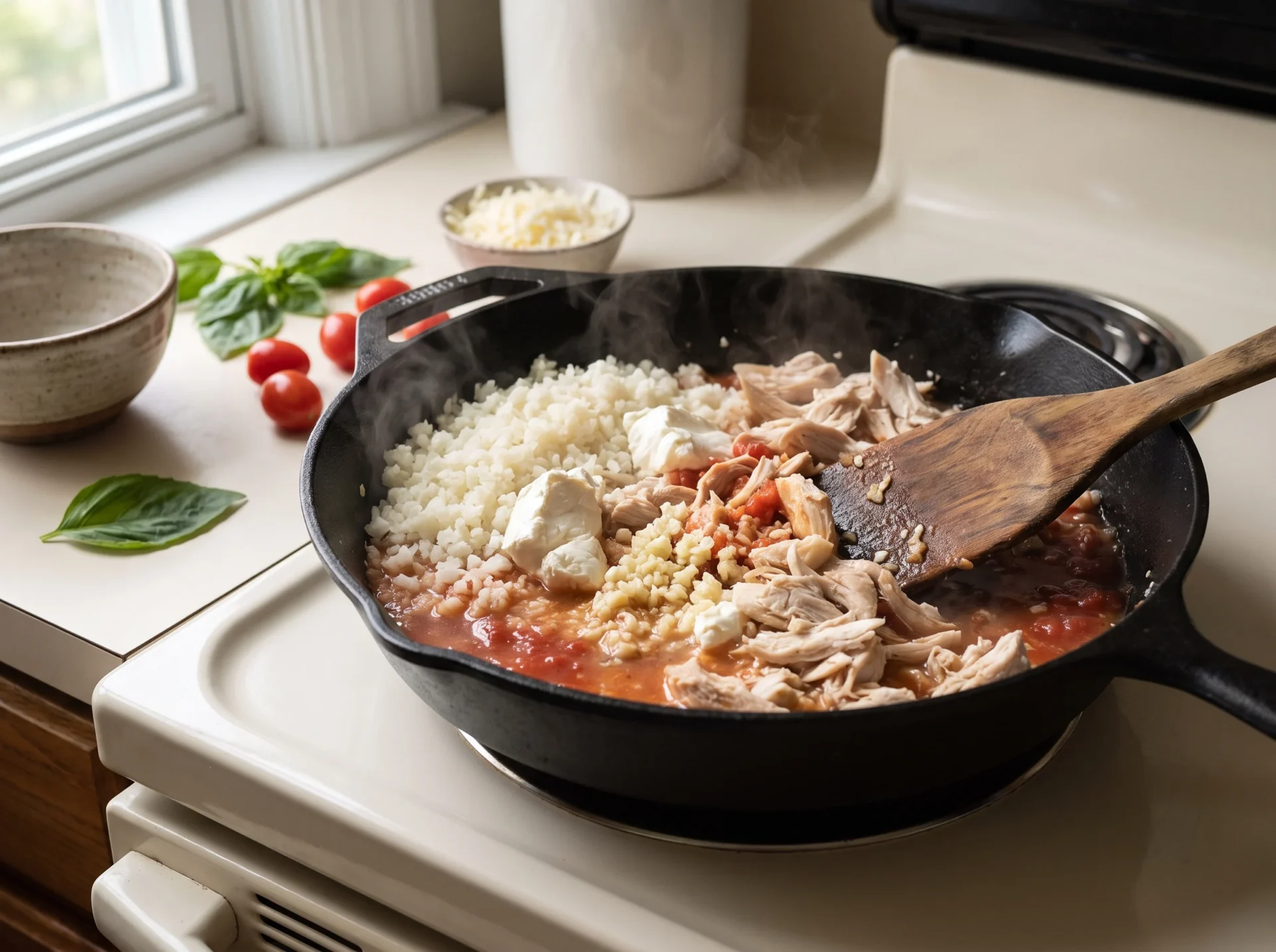 Chicken and cauliflower rice folded with tomato and cream cheese in a skillet