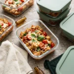 Meal prep containers of keto chicken Caprese casserole with cauliflower rice