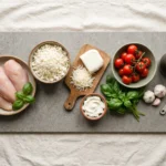Raw ingredients for keto chicken Caprese casserole with cauliflower rice on a stone board