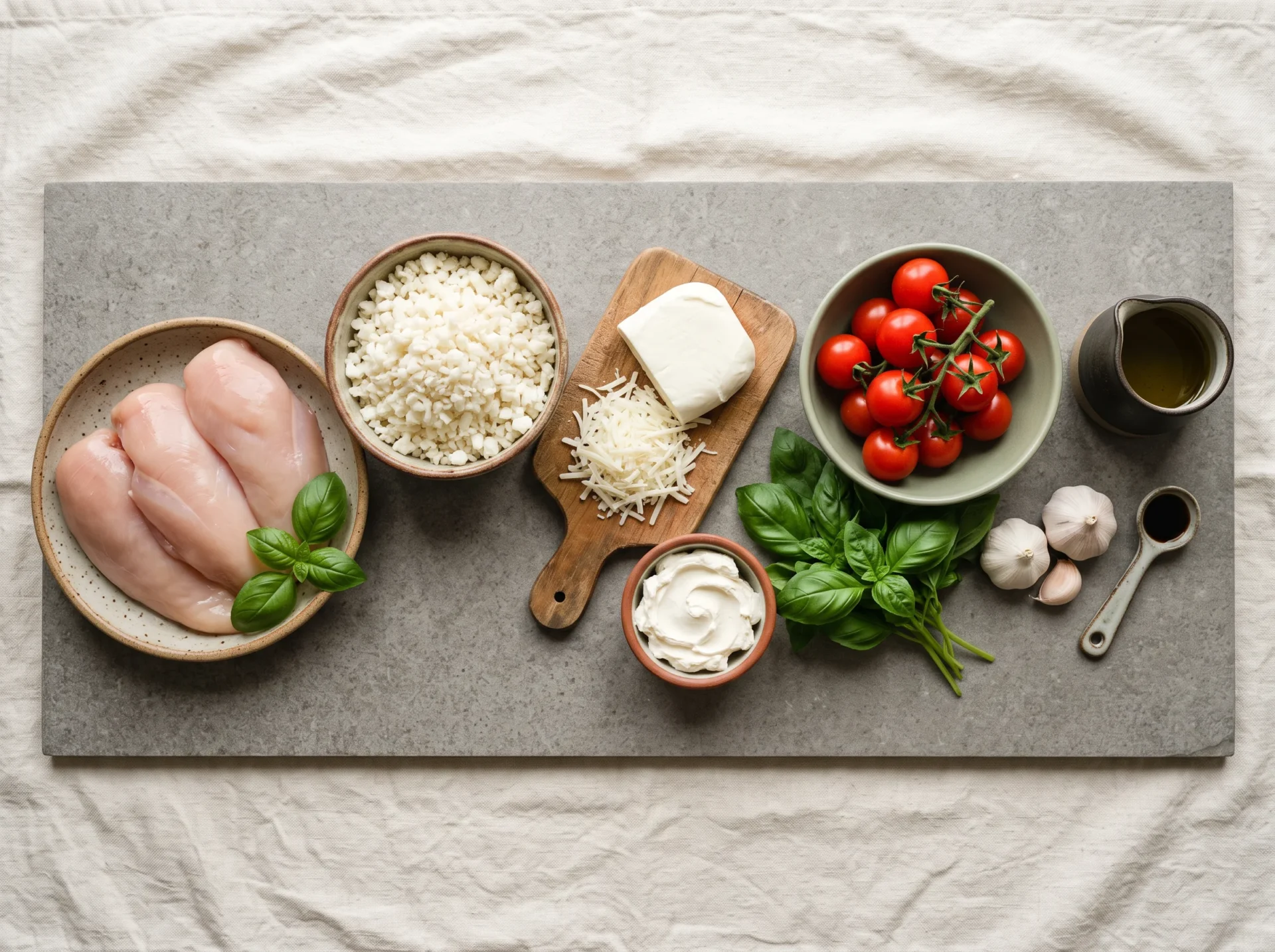 Raw ingredients for keto chicken Caprese casserole with cauliflower rice on a stone board