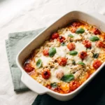 Keto chicken Caprese casserole with cauliflower rice, tomatoes, mozzarella, and basil