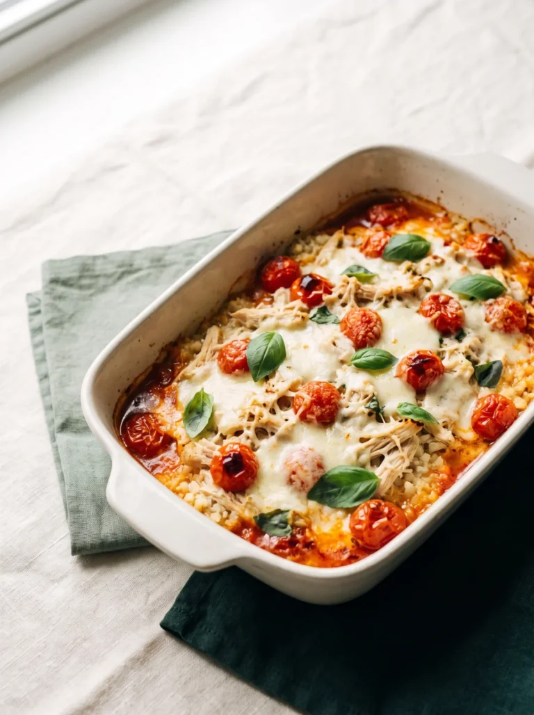 Keto chicken Caprese casserole with cauliflower rice, tomatoes, mozzarella, and basil