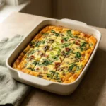 Keto bacon mushroom spinach breakfast casserole meal prep in a ceramic baking dish