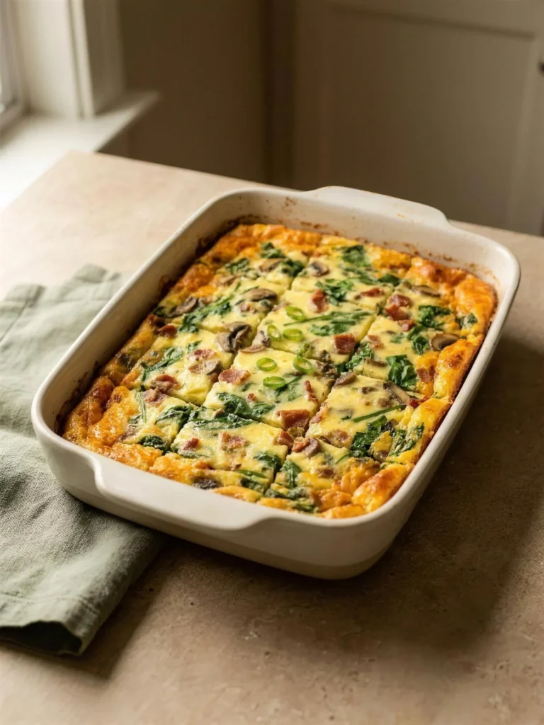 Keto bacon mushroom spinach breakfast casserole meal prep in a ceramic baking dish
