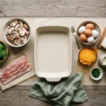Raw ingredients for keto bacon mushroom spinach breakfast casserole meal prep on parchment