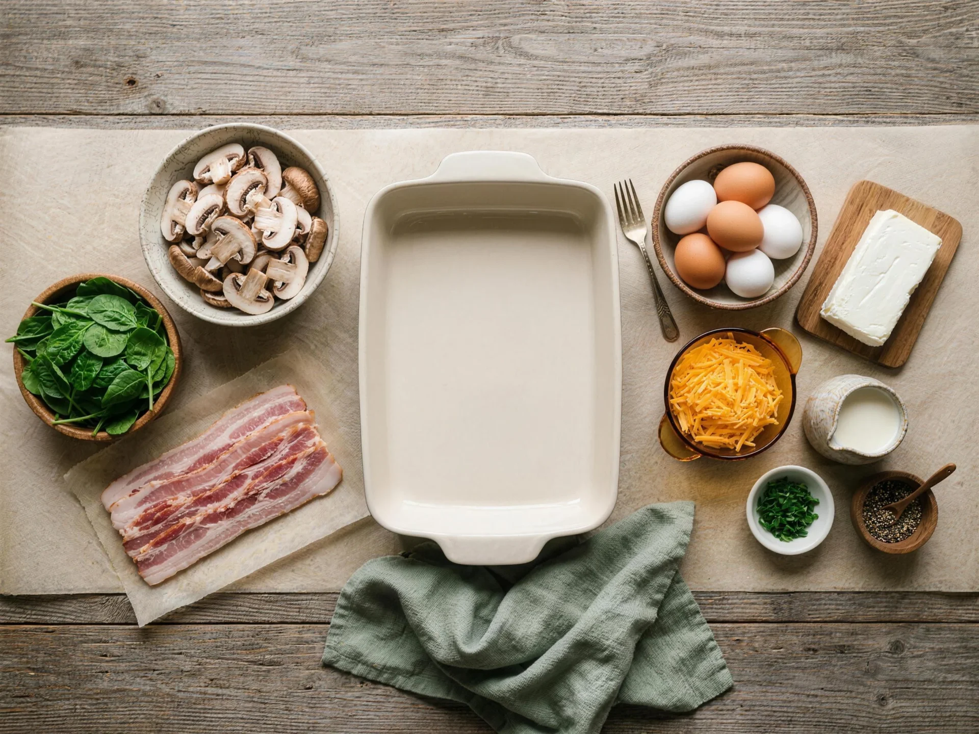 Raw ingredients for keto bacon mushroom spinach breakfast casserole meal prep on parchment