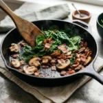 Mushrooms and spinach browning in a skillet for keto bacon mushroom spinach breakfast casserole meal prep