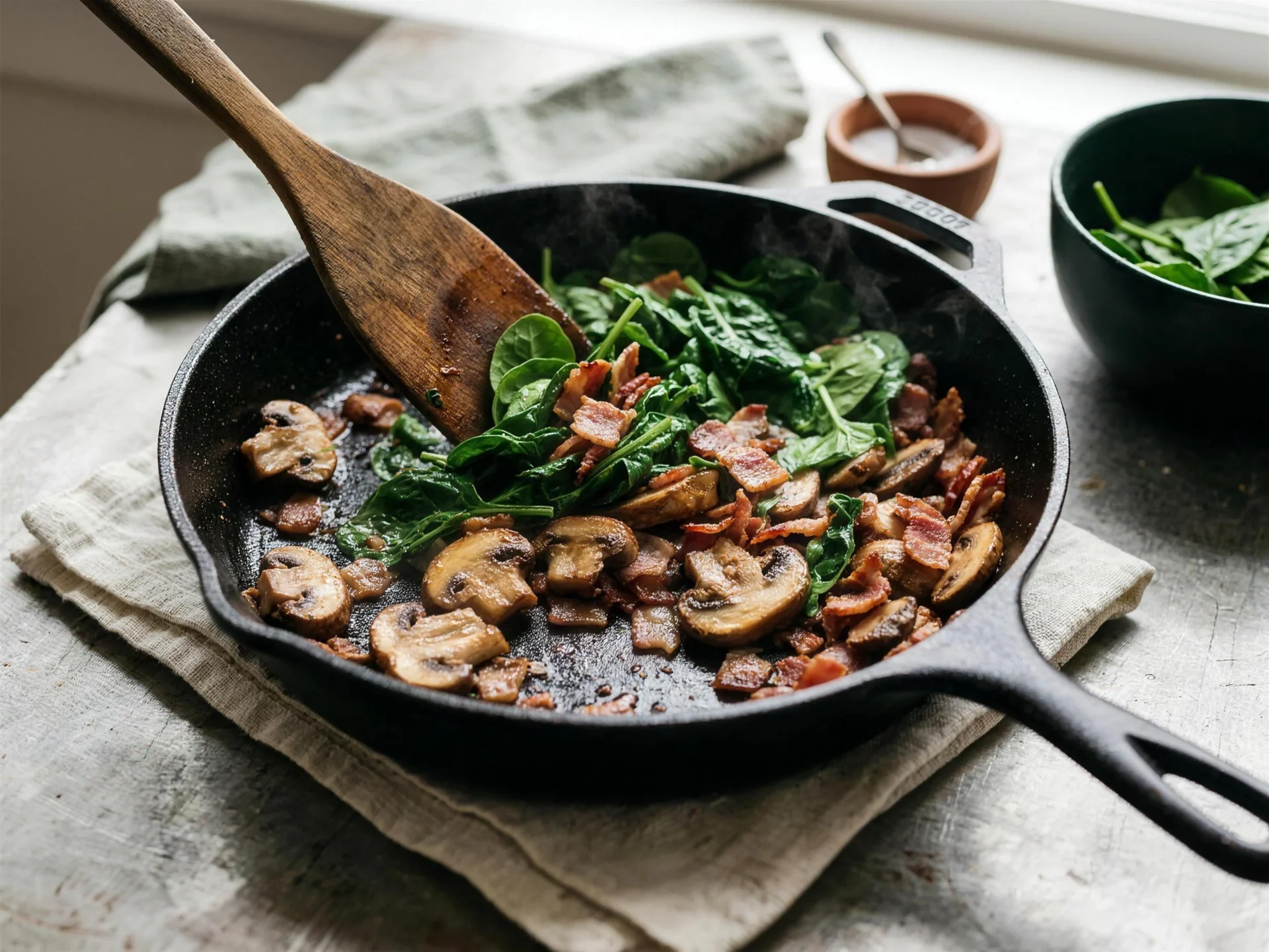 Mushrooms and spinach browning in a skillet for keto bacon mushroom spinach breakfast casserole meal prep
