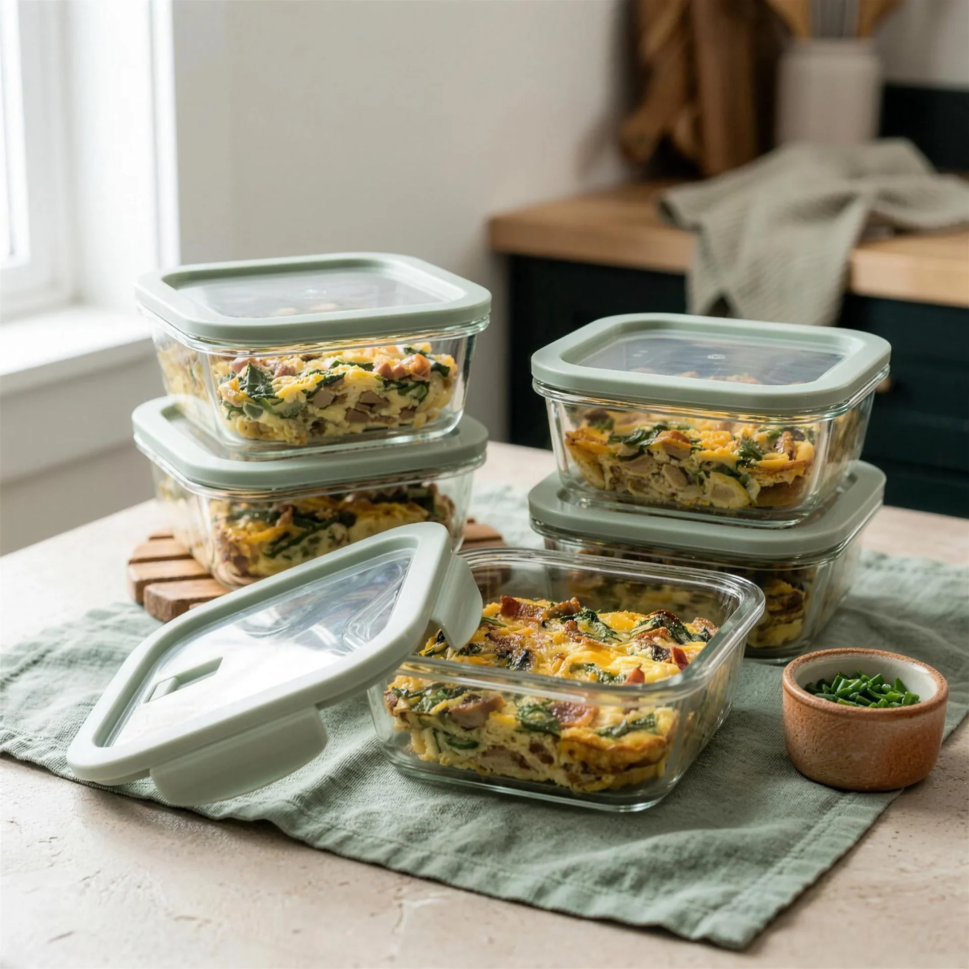 Meal prep containers with keto bacon mushroom spinach breakfast casserole meal prep squares