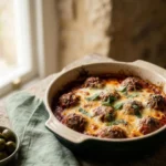 Keto meatball Parmesan casserole freezer meal with browned mozzarella and basil
