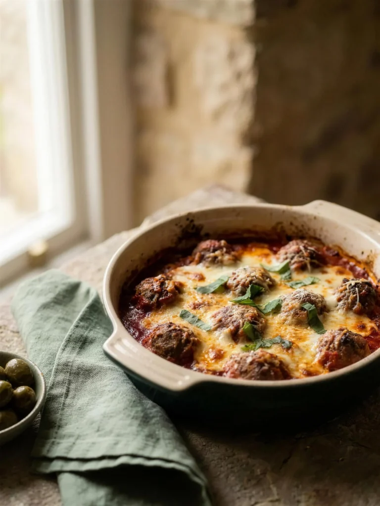 Keto meatball Parmesan casserole freezer meal with browned mozzarella and basil
