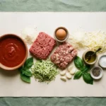 Raw beef, sausage, cheeses and zucchini for keto meatball Parmesan casserole freezer meal