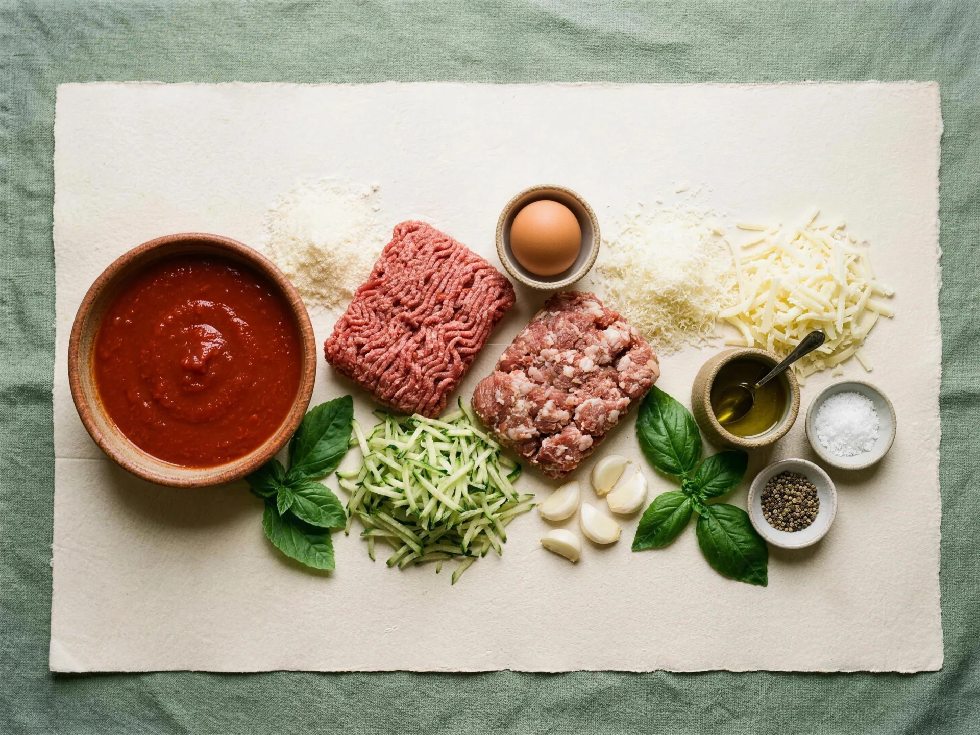 Raw beef, sausage, cheeses and zucchini for keto meatball Parmesan casserole freezer meal