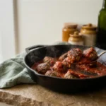 Meatballs simmering in tomato sauce before cheese for keto meatball Parmesan casserole freezer meal