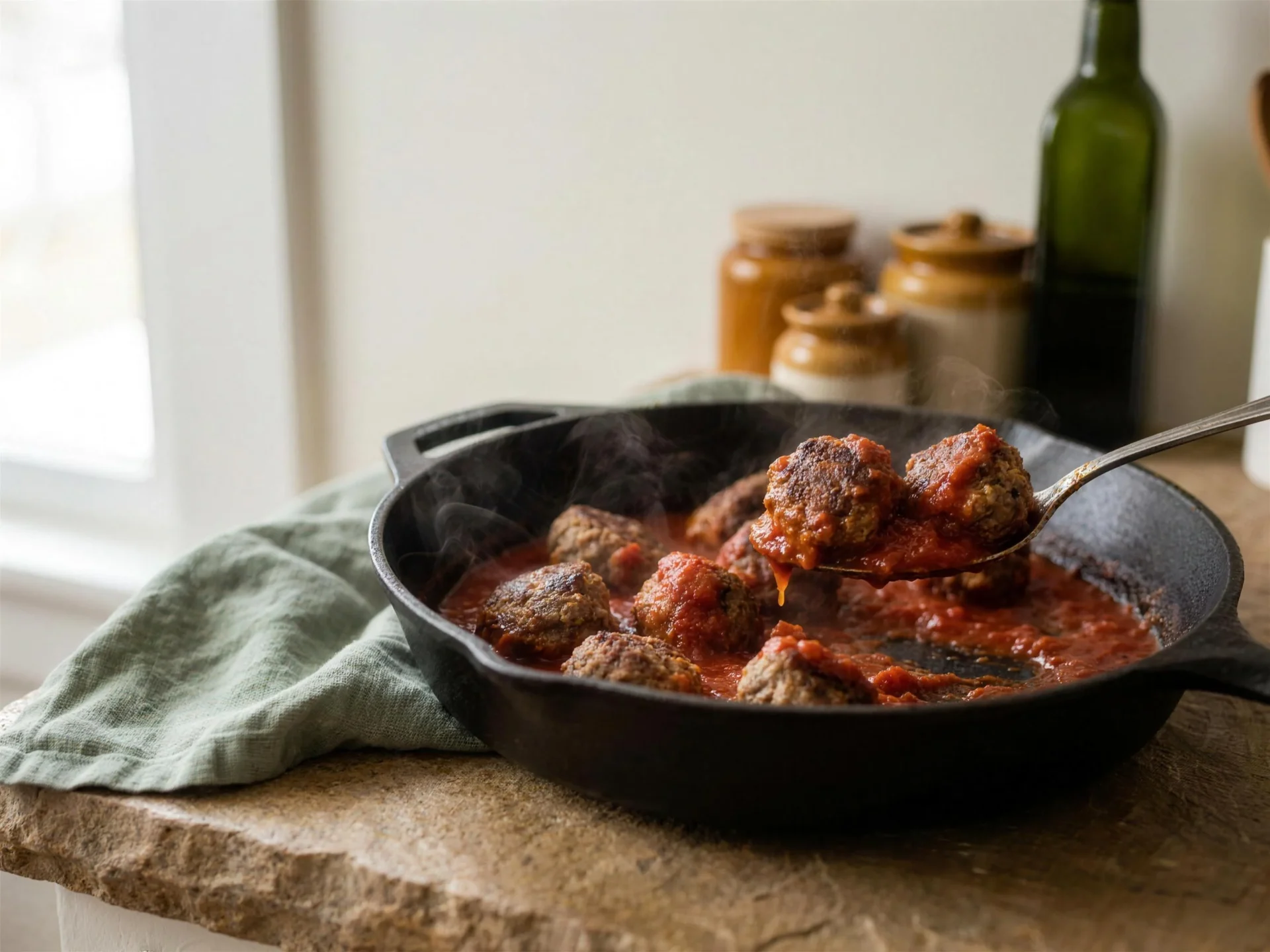 Meatballs simmering in tomato sauce before cheese for keto meatball Parmesan casserole freezer meal