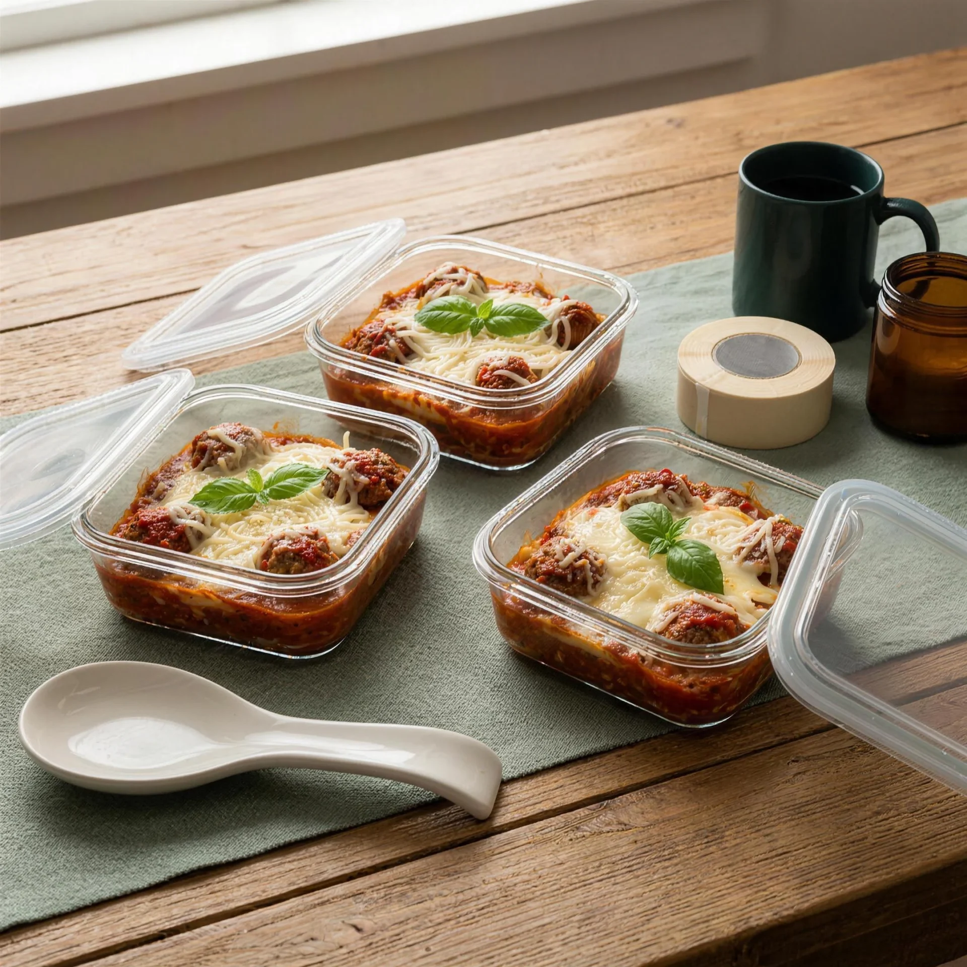 Keto meatball Parmesan casserole freezer meal portioned into glass containers