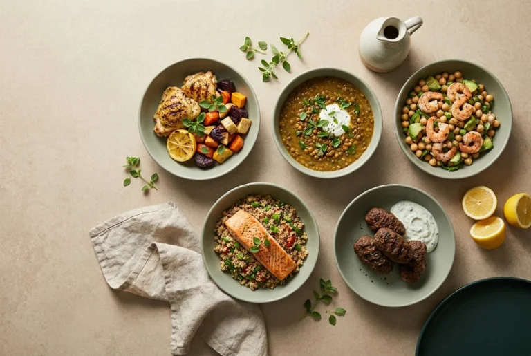 A week of prepared meals showing what to eat in 7 days to lose weight, arranged overhead on a pale stone surface.