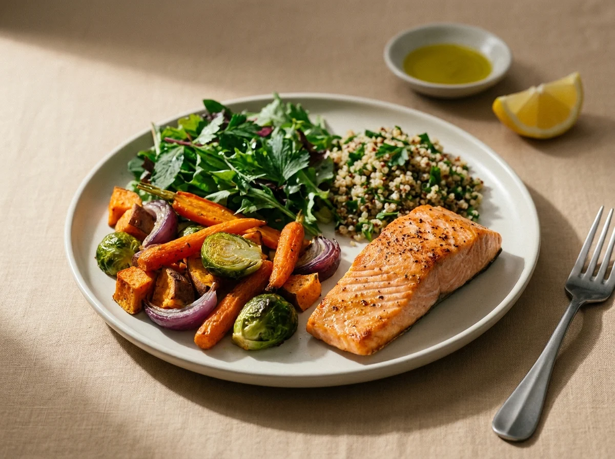 A dinner plate with half roasted vegetables and salad, a quarter grilled salmon and a quarter quinoa.