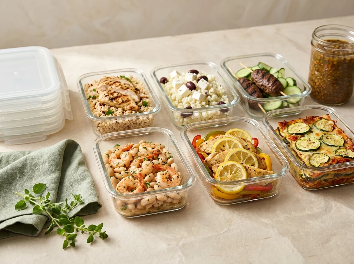 Seven glass meal prep containers holding a different portioned Mediterranean meal each, lids stacked beside them.
