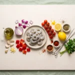 Raw shrimp, red onion, bell pepper, cherry tomatoes, olive oil, lemon and oregano laid out for shrimp skewers