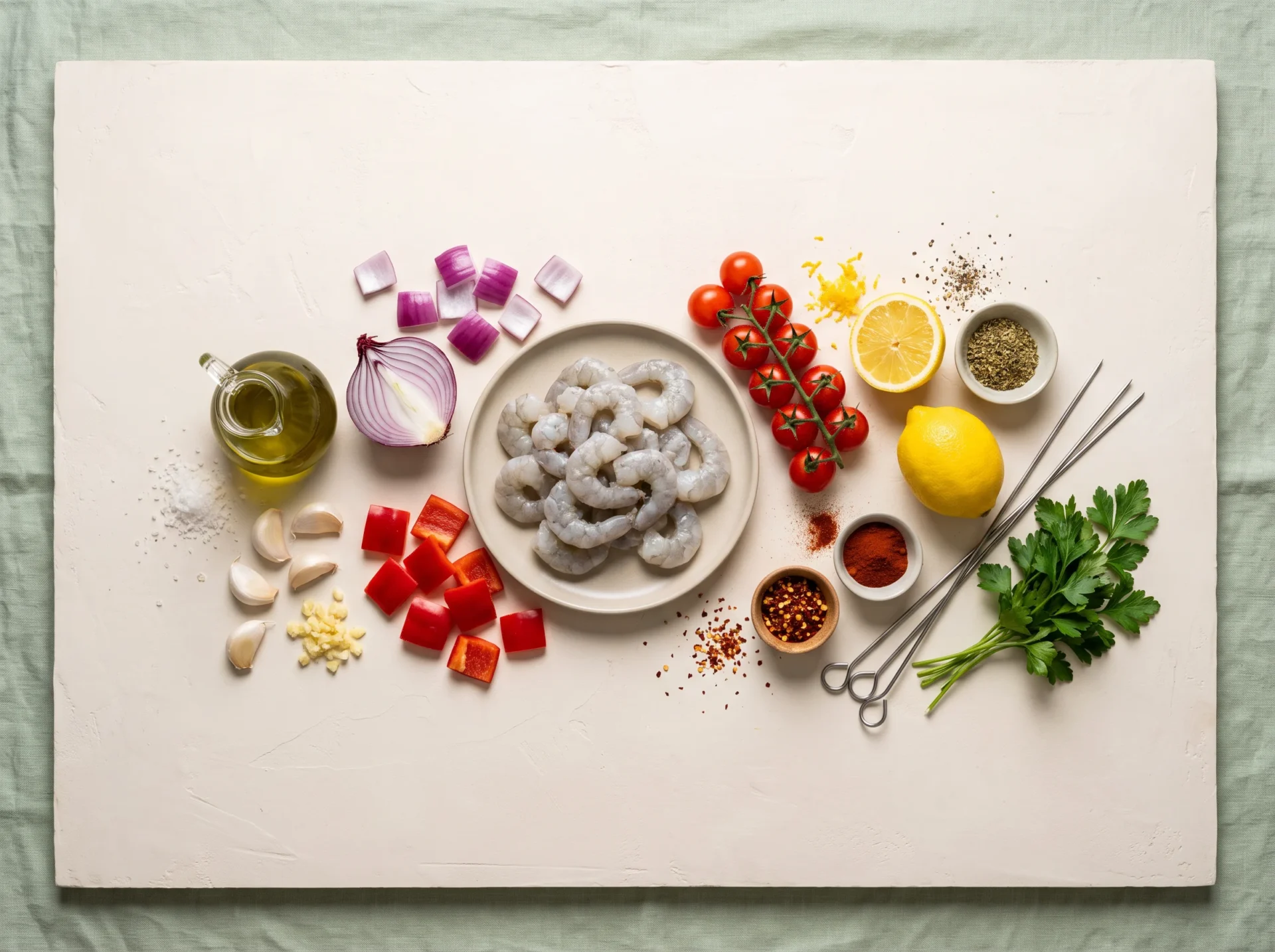 Raw shrimp, red onion, bell pepper, cherry tomatoes, olive oil, lemon and oregano laid out for shrimp skewers