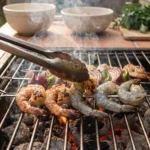 Shrimp skewers mid-flip over charcoal, one side charred pink and the other still grey and raw