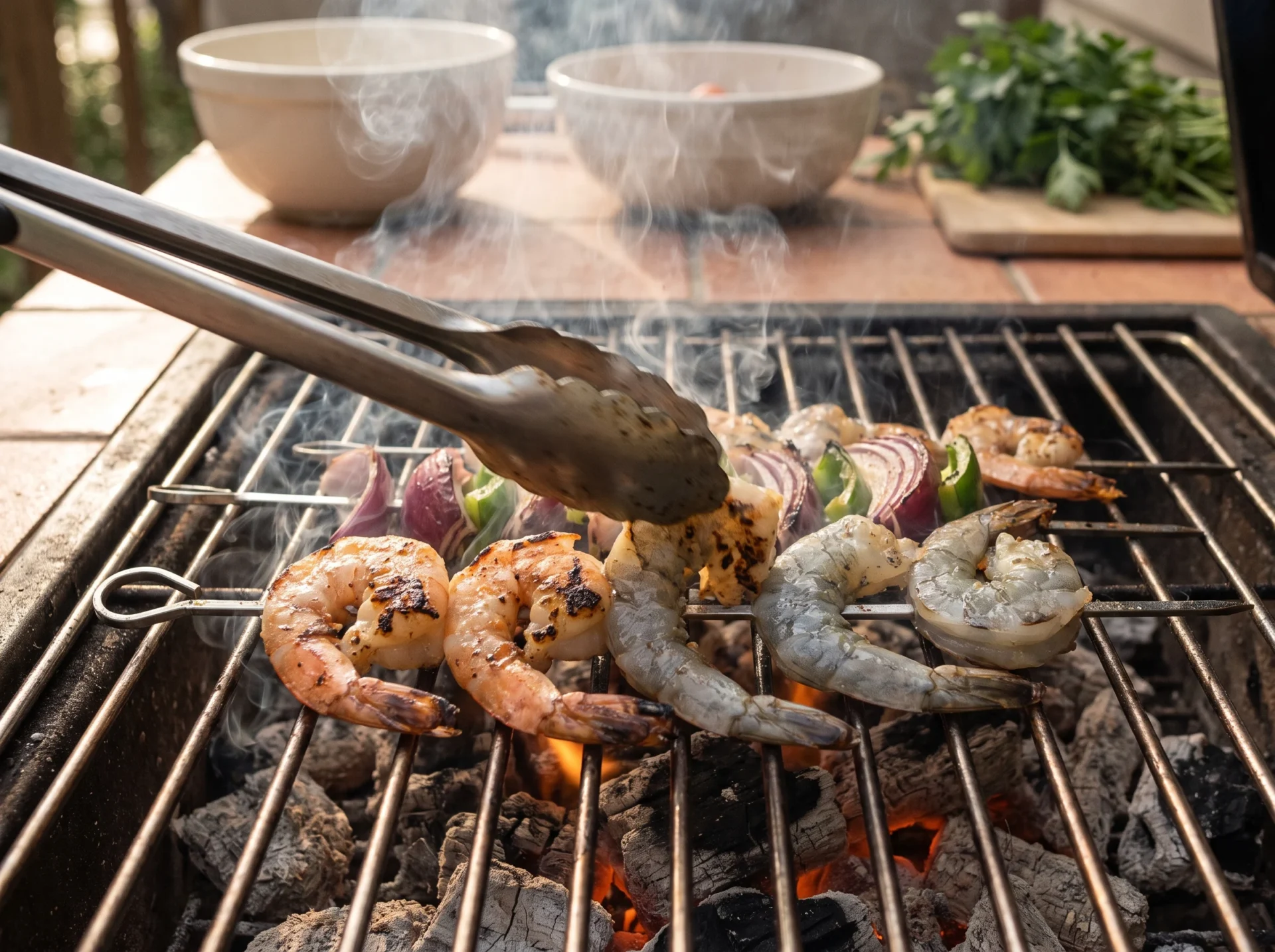 Shrimp skewers mid-flip over charcoal, one side charred pink and the other still grey and raw