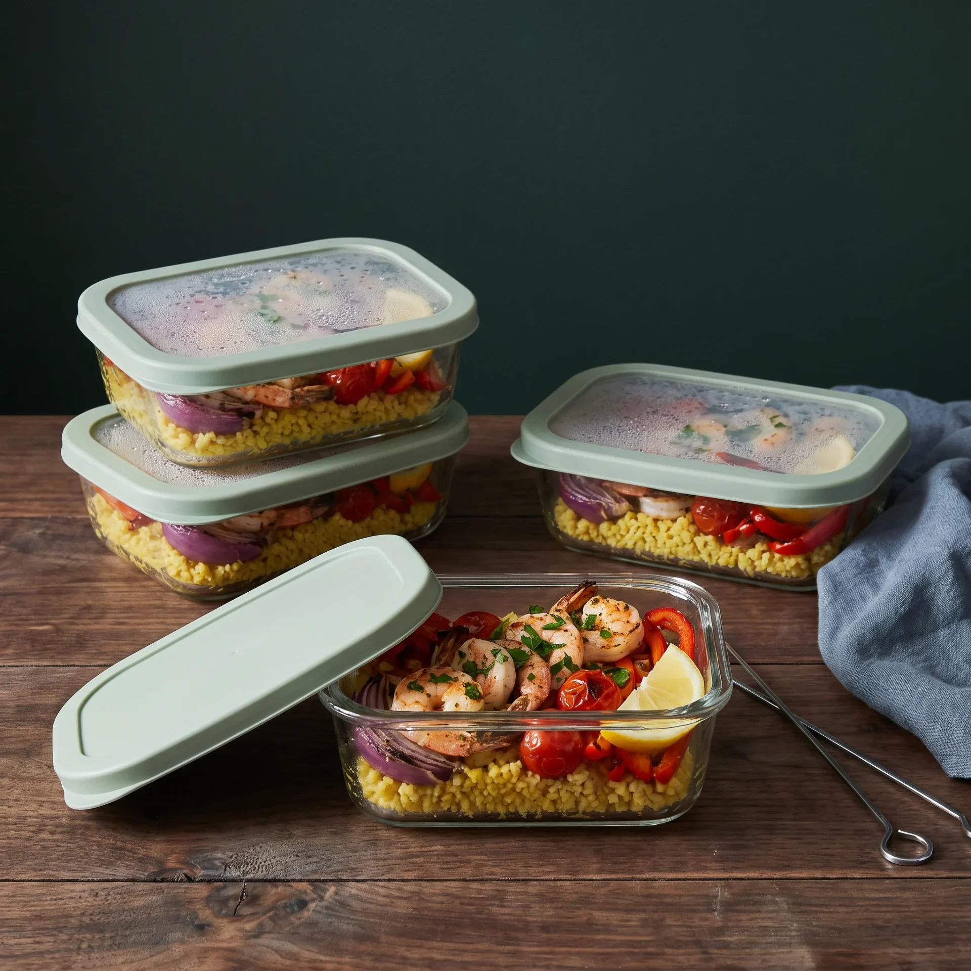 Grilled shrimp and vegetables packed over grains in glass meal-prep containers with sage-green lids