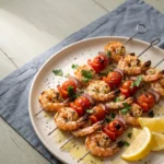 Grilled Mediterranean shrimp skewers with charred cherry tomatoes and red onion on a pale platter with lemon wedges