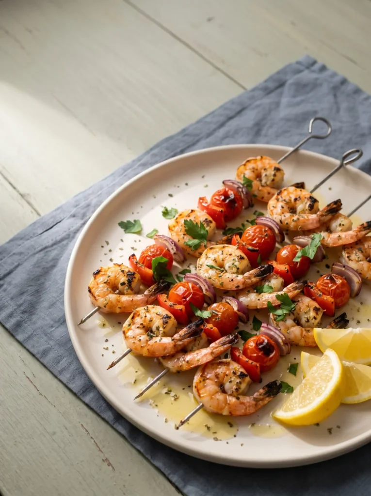 Grilled Mediterranean shrimp skewers with charred cherry tomatoes and red onion on a pale platter with lemon wedges