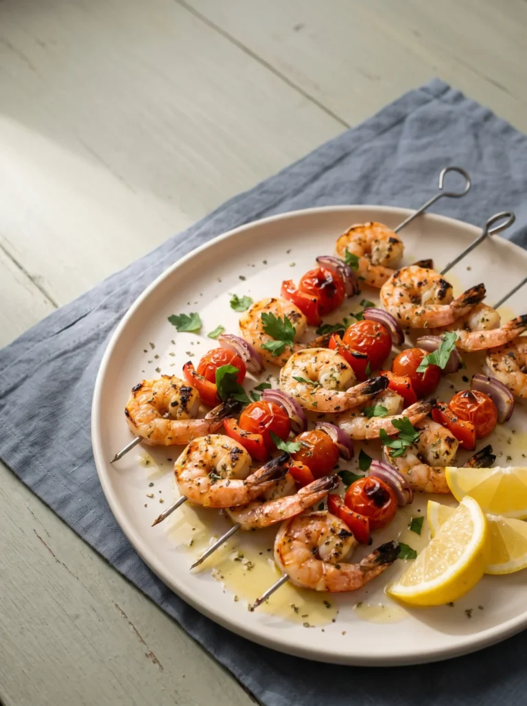 Grilled Mediterranean shrimp skewers with charred cherry tomatoes and red onion on a pale platter with lemon wedges