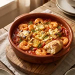 Greek baked shrimp with feta in a terracotta dish, the cheese browned under the broiler over thick tomato sauce
