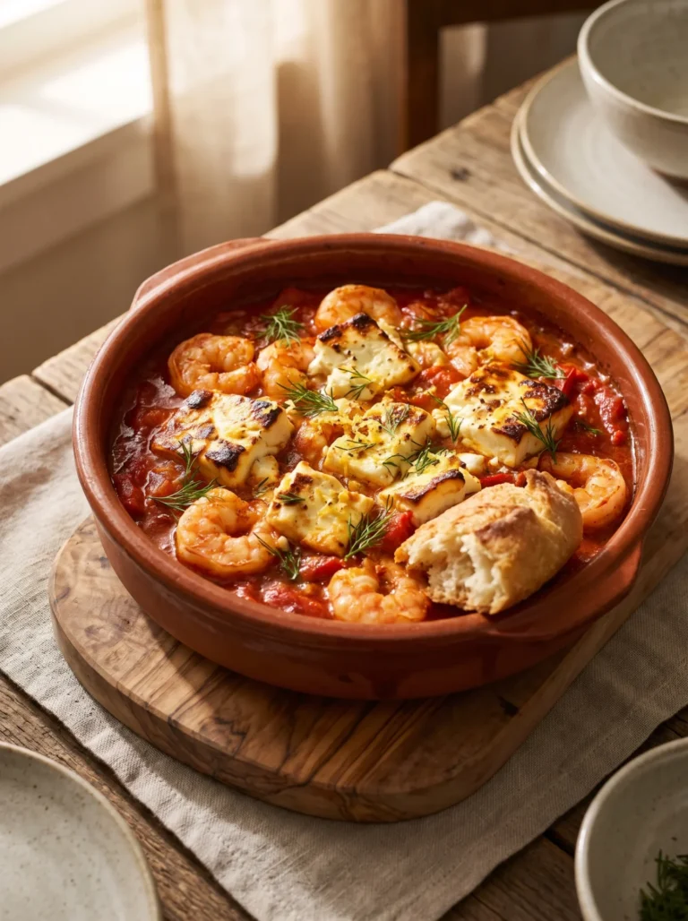 Greek baked shrimp with feta in a terracotta dish, the cheese browned under the broiler over thick tomato sauce
