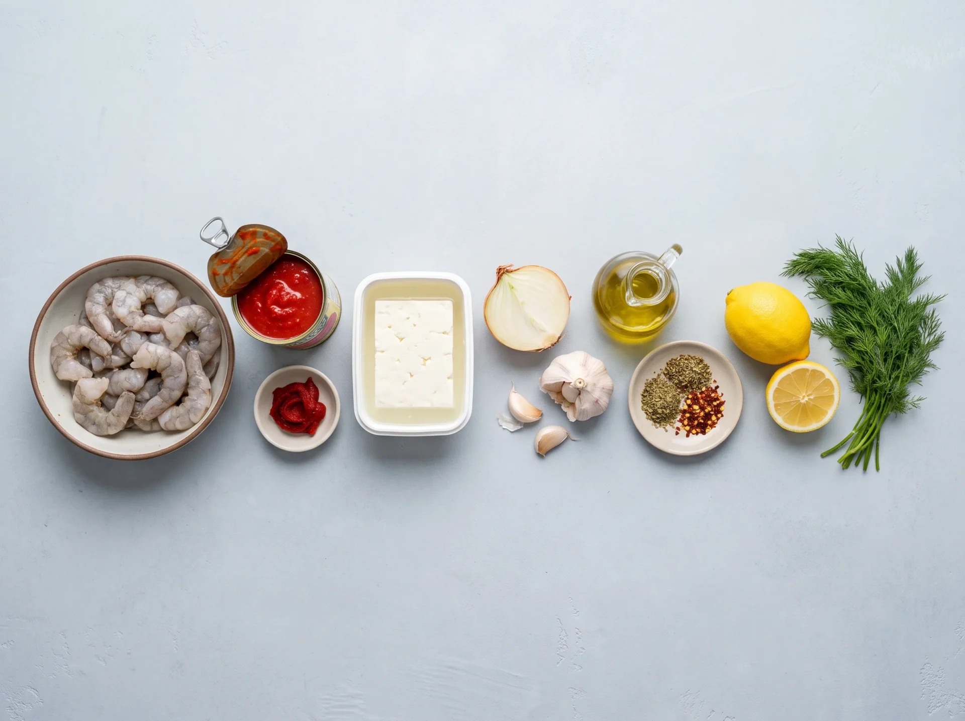 Raw ingredients for garides saganaki laid out overhead: peeled shrimp, canned tomatoes, tomato paste, block feta, onion, garlic, olive oil, oregano, lemon and dill