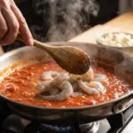 Raw shrimp being nestled with a wooden spoon into a reduced tomato sauce simmering in a stainless steel skillet