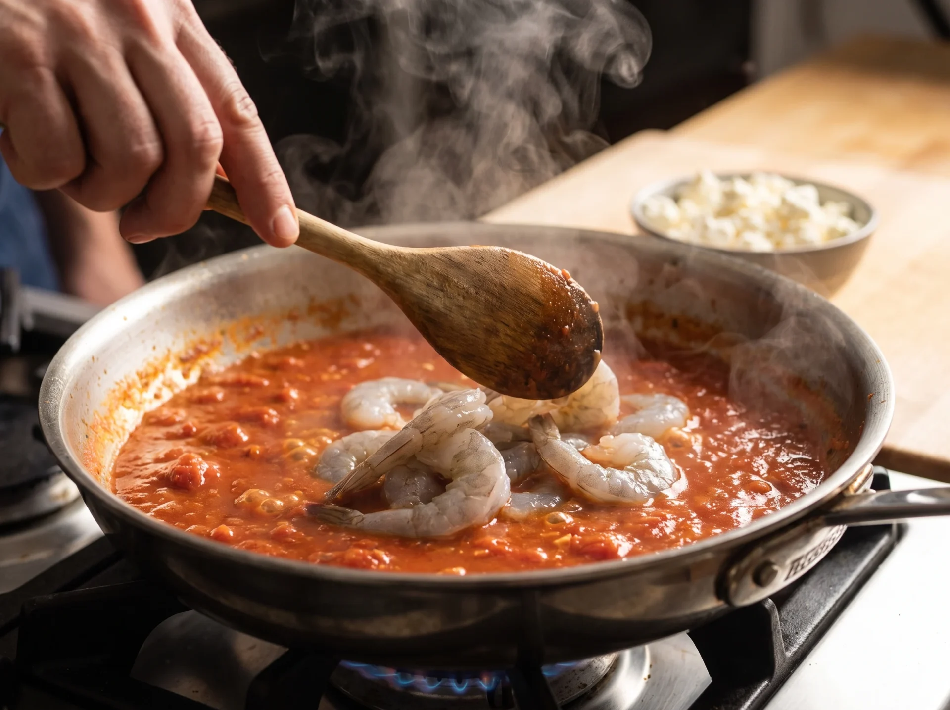 Raw shrimp being nestled with a wooden spoon into a reduced tomato sauce simmering in a stainless steel skillet