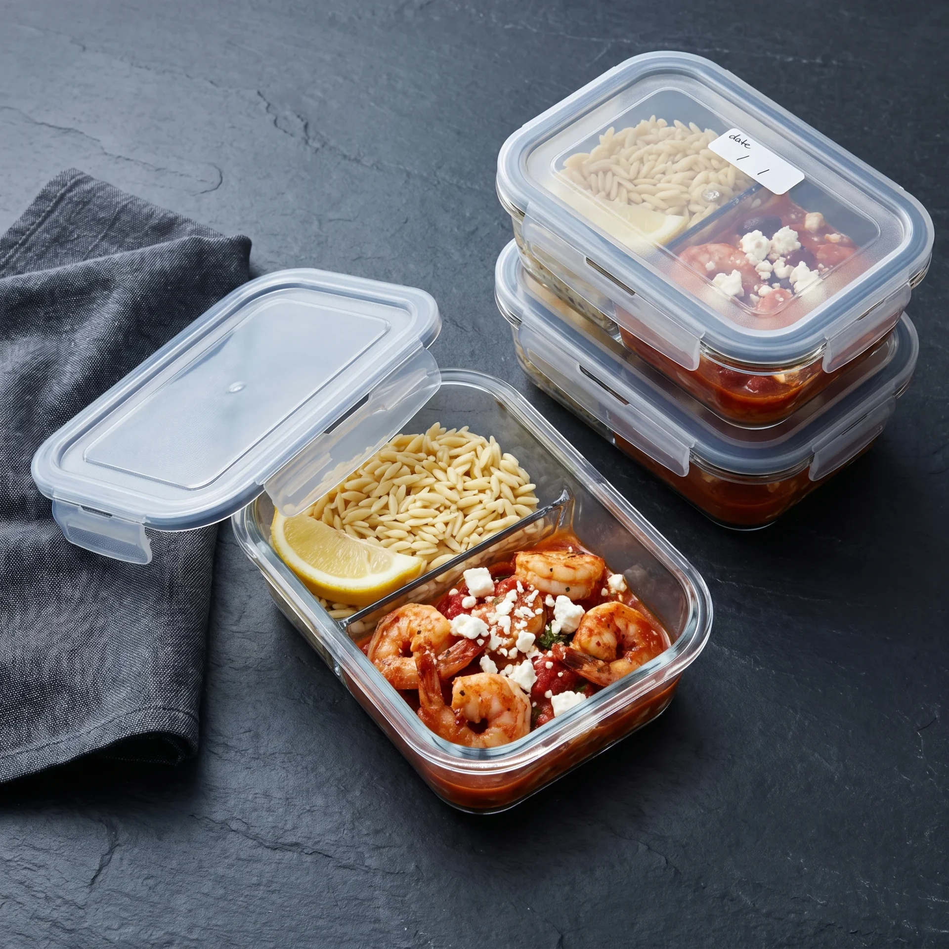 Three glass meal prep containers of Greek shrimp in tomato sauce with feta portioned beside orzo and lemon
