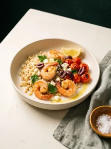 Keto Mediterranean shrimp with cauliflower rice in a cream bowl with blistered tomatoes, olives, feta and a lemon wedge