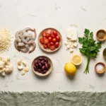 Raw ingredients for Mediterranean shrimp and cauliflower rice: shrimp, riced cauliflower, tomatoes, olives, feta, lemon