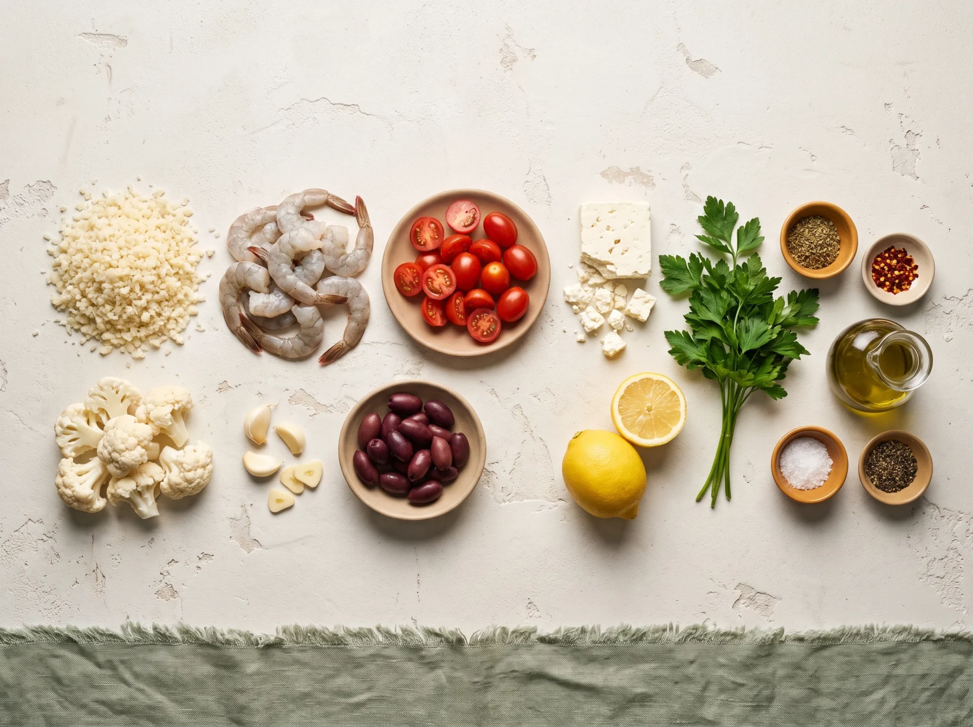 Raw ingredients for Mediterranean shrimp and cauliflower rice: shrimp, riced cauliflower, tomatoes, olives, feta, lemon