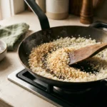 Cauliflower rice toasting dry in a carbon-steel skillet, one patch turning golden as a wooden spatula turns it