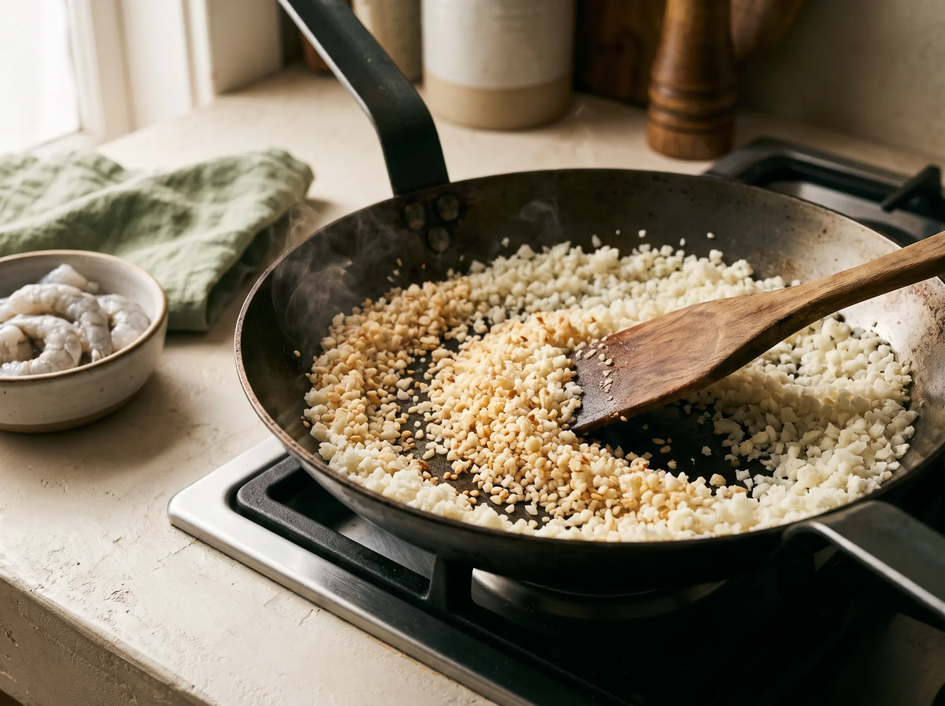 Cauliflower rice toasting dry in a carbon-steel skillet, one patch turning golden as a wooden spatula turns it