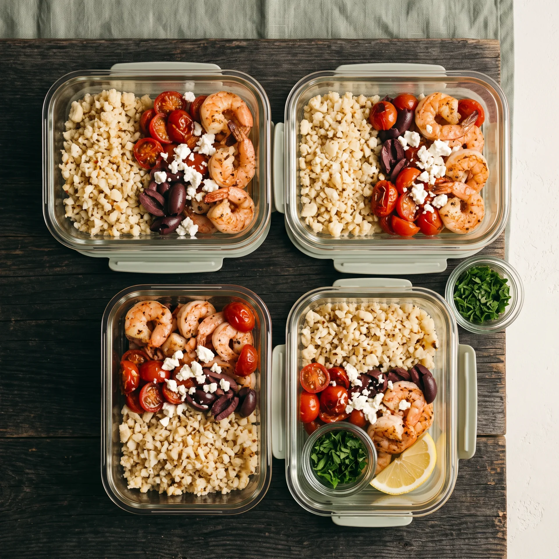 Four glass meal-prep containers of Mediterranean shrimp and cauliflower rice with tomatoes, olives and feta