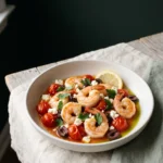Mediterranean shrimp from frozen in a white bowl with burst cherry tomatoes, olives, crumbled feta and parsley